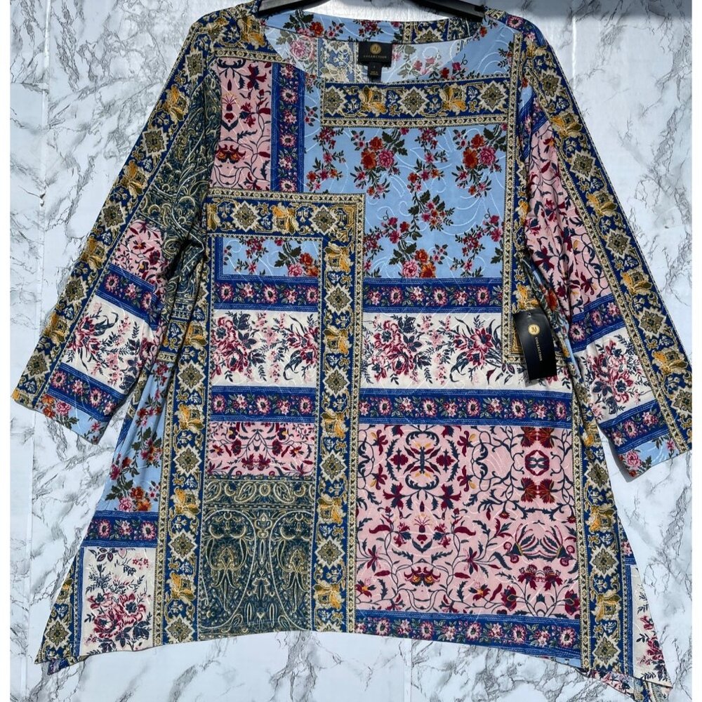 JM Collection Floral Patchwork Tunic Top With 3/4 Sleeves & Asymmetrical Hem L